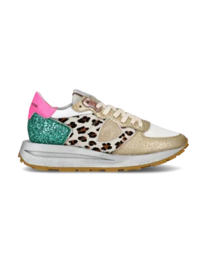 Baskets basses femme Tropez Haute – blanc, fuchsia et imprimé animal – Philippe Model