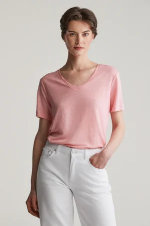 T-shirt col V en lin GANT REG, manches courtes, rose géranium – Gant