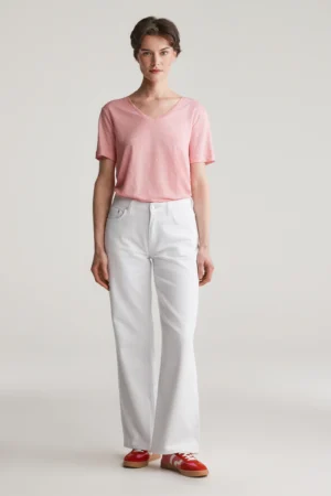 T-shirt col V en lin GANT REG, manches courtes, rose géranium – Gant