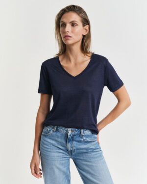 T-shirt col V en lin Even Blue – Gant