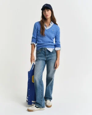 Pull col V en maille de coton stretch à torsades – Gant