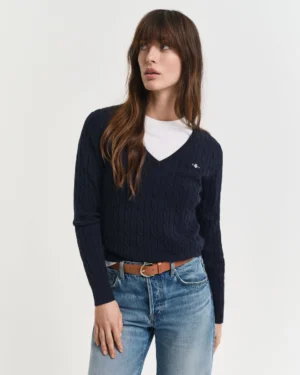 Pull col V en maille de coton stretch à torsades – Gant