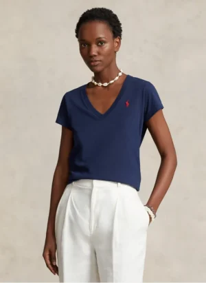 T-shirt col V en coton brodé Bleu – Ralph Lauren