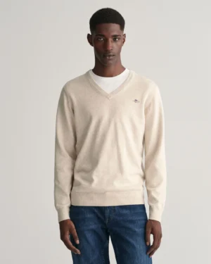 Pull Men Cotton V-Neck Light Beige Melange – Gant