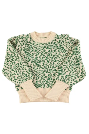 Pull doux en maille Écru et vert avec imprimé animal – Sisters Department