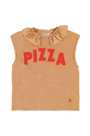 T-shirt sans manches à col Claudine | Marron avec imprimé « pizza » – Sisters Department