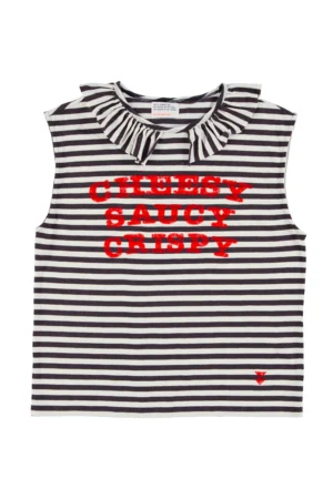T-shirt sans manches à col claudine Rayures écrues et noires avec imprimé « cheesy saucy crispy » – Sisters Department