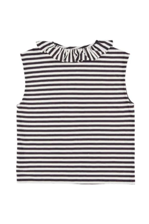 T-shirt sans manches à col claudine Rayures écrues et noires avec imprimé « cheesy saucy crispy » – Sisters Department