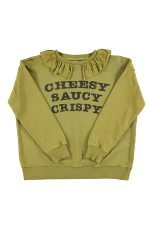 Sweat-shirt col Claudine Vert kaki avec imprimé « cheesy saucy crispy » – Sisters Department
