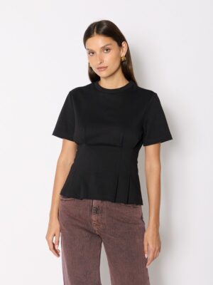 TEDWINA T-shirt cintré noir à la taille col rond manches courtes – Berenice